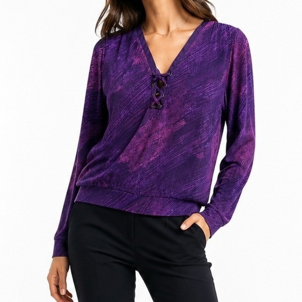 White House‎ Black Market Purple Abstract Stripe Lace Up Top XS  NEW